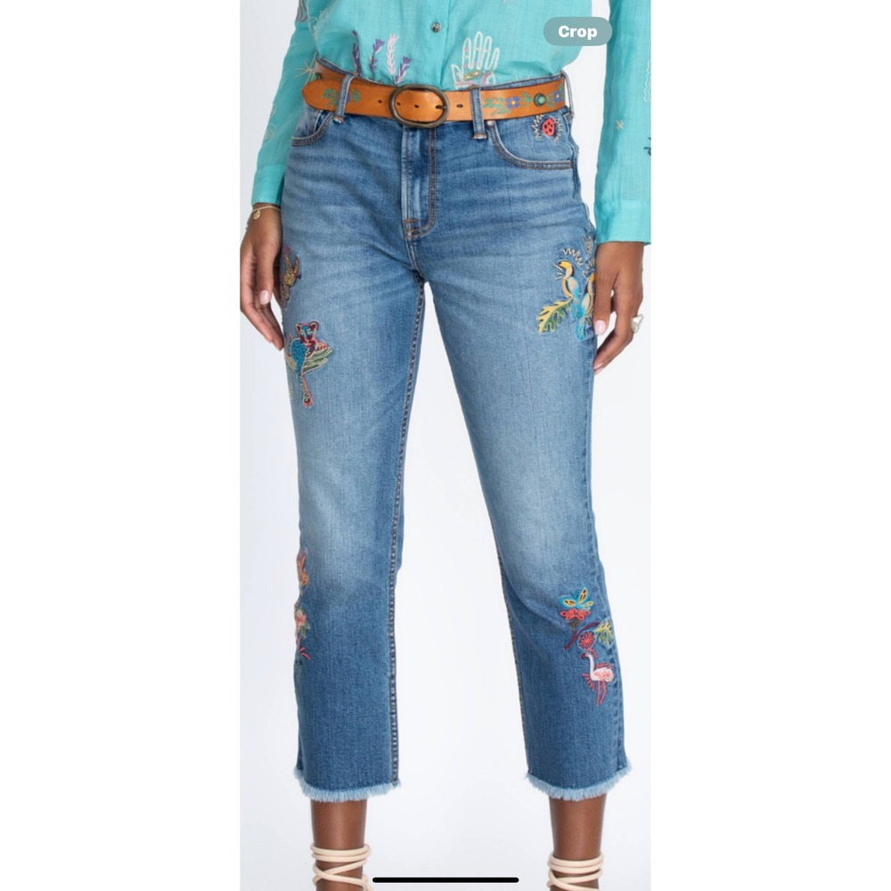 JOHNNY‎ WAS Women's Blue Embroidered Denim Jeans Cactus Flamingo Love Detail 31